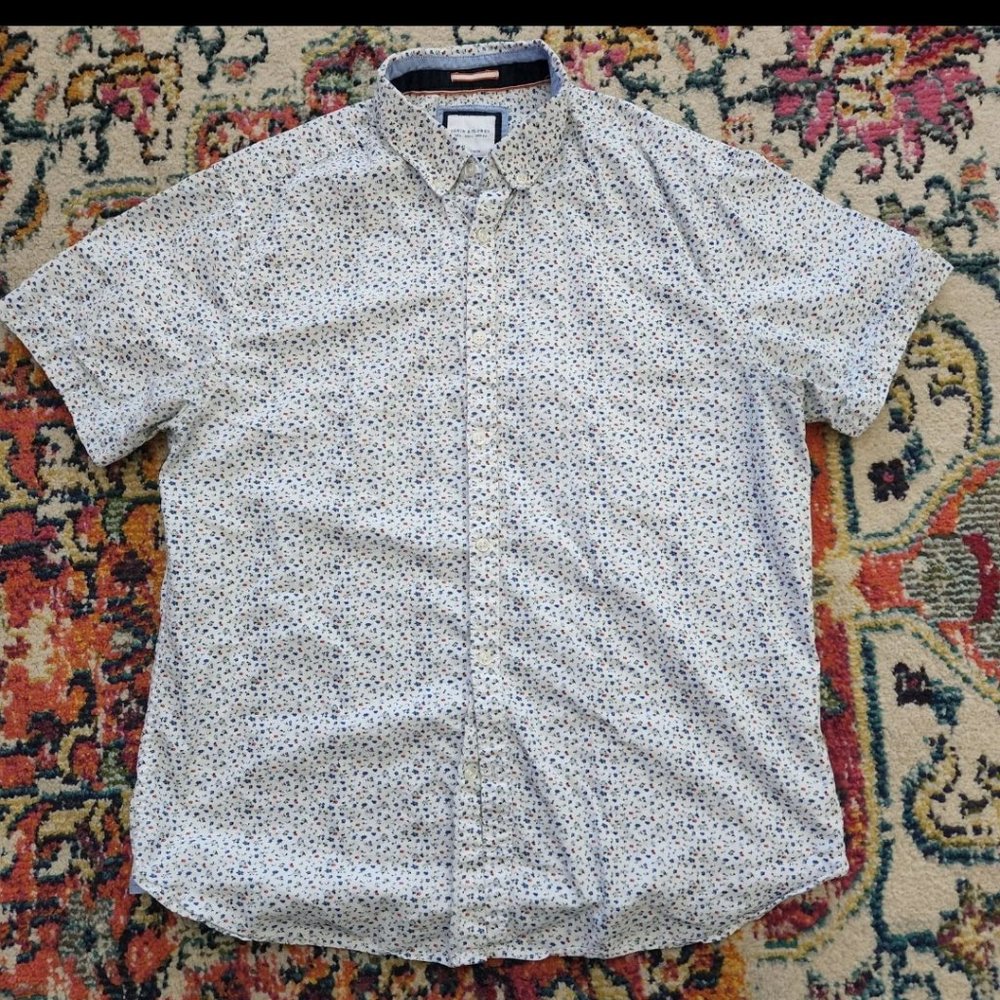 Denim Flower Cotton Button Down Short Sleeve Floral Slim Fit Shirt Size Large